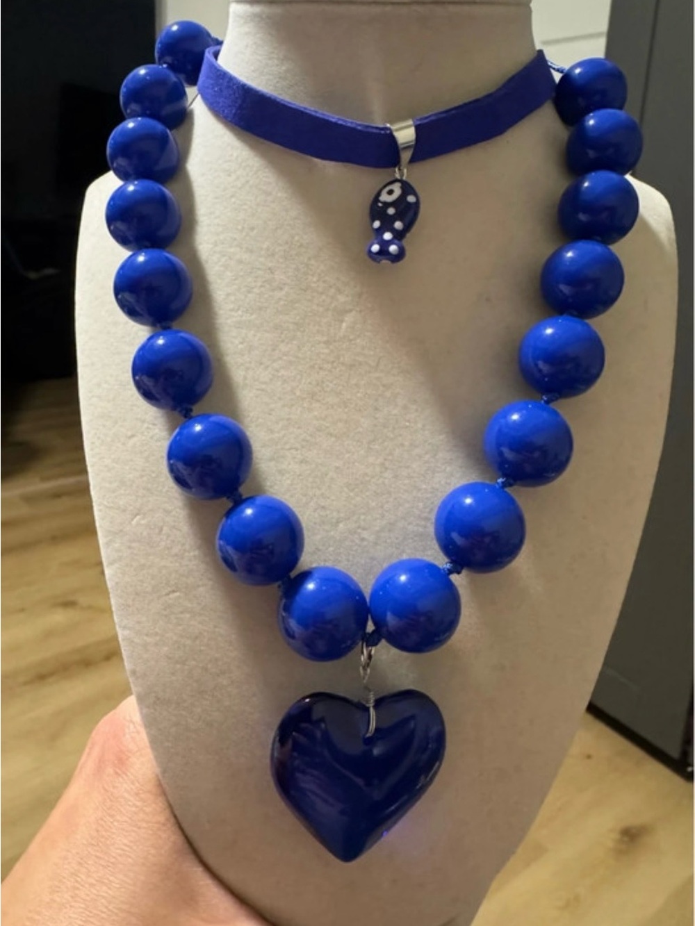 Bold Royal Blue Beaded Heart Necklace - Women's Fashion Jewelry